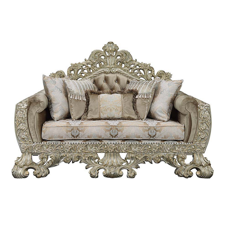 Sorina - Loveseat With 5 Pillows - Velvet, Fabric & Antique Gold