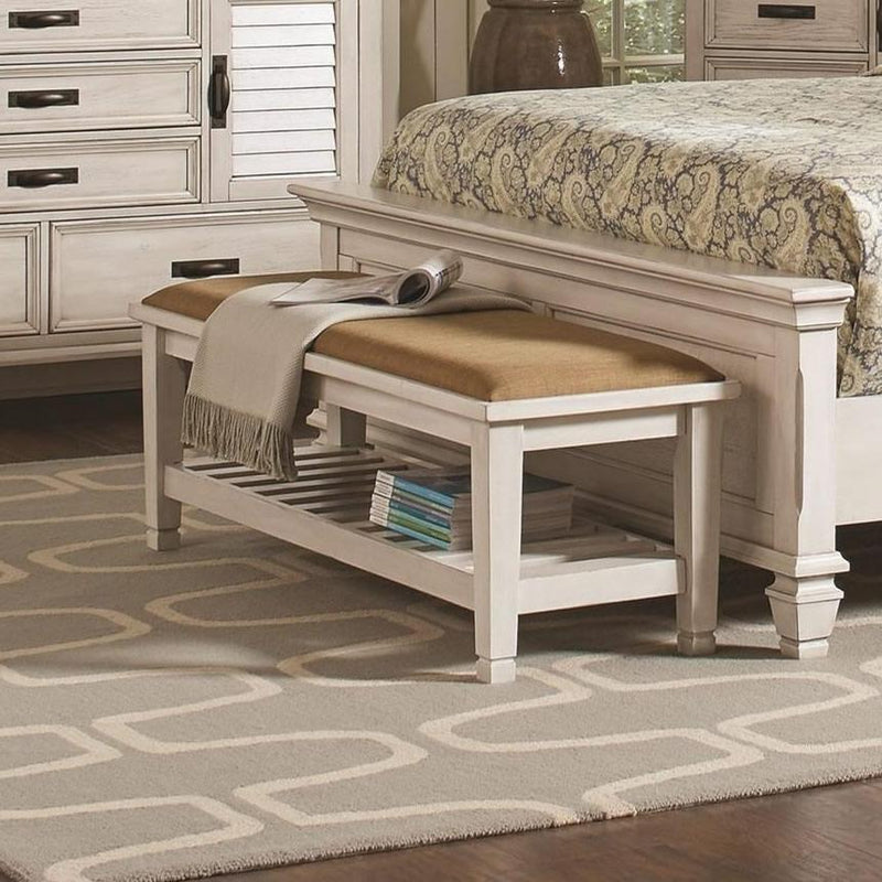  Coaster Furniture Franco 205337 Fabric Upholstered Bench with Shelf - Distressed White IMAGE 1