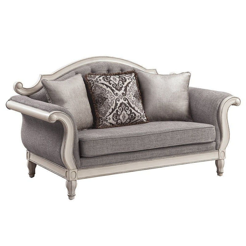Florian - Loveseat With 3 Pillows - Gray Fabric & Antique White