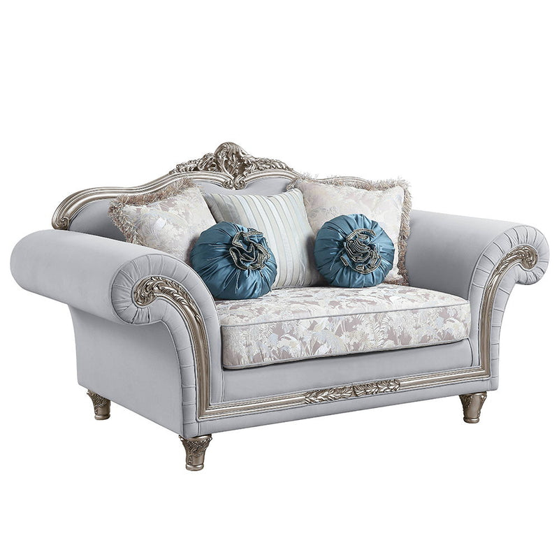 Pelumi - Loveseat With 5 Pillows - Light Gray Linen & Platinum