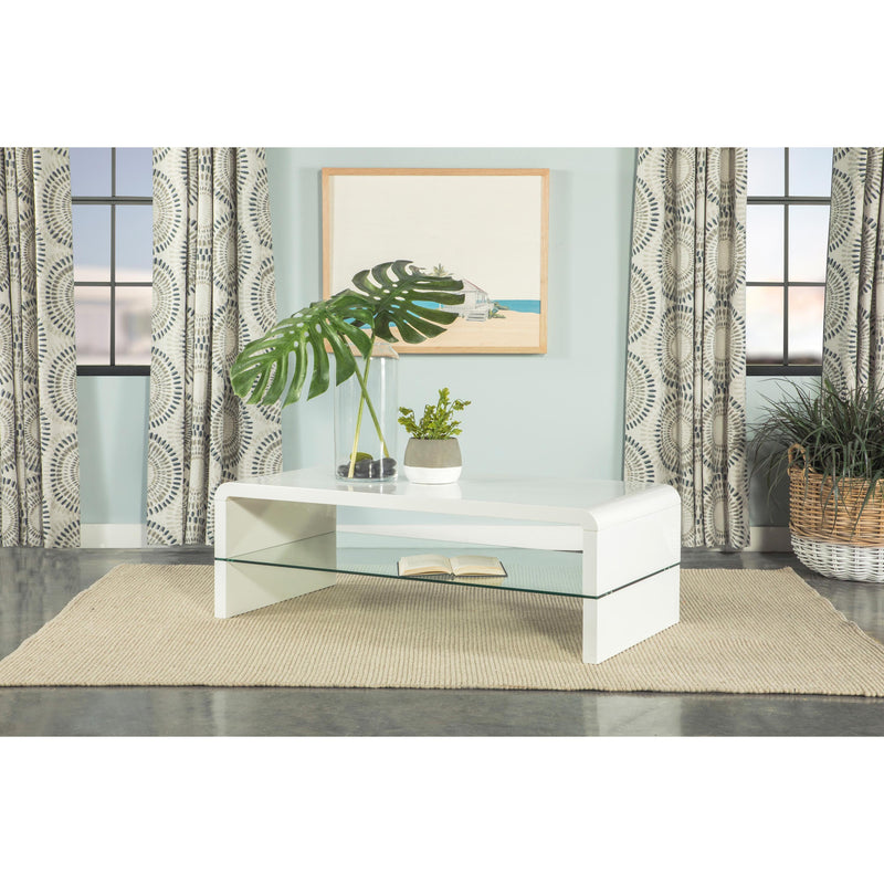 Coaster Furniture Airell 703798 Rectangular Coffee Table with Glass Shelf - White High Gloss IMAGE 2