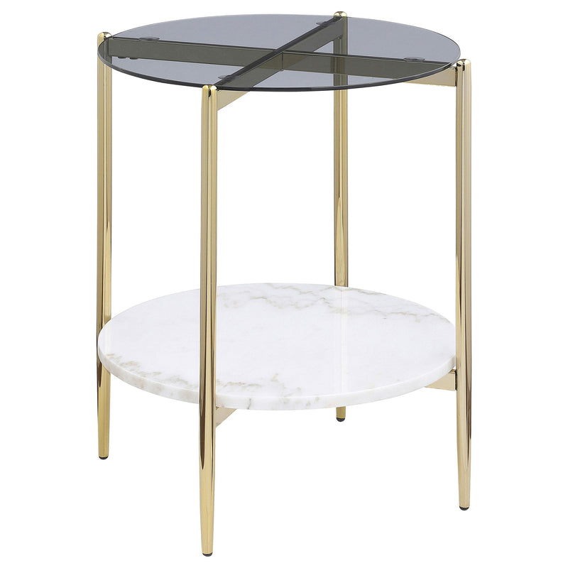 Coaster Furniture Jonelle 710337 Round Glass Top End Table White Marble Shelf - Gold IMAGE 1