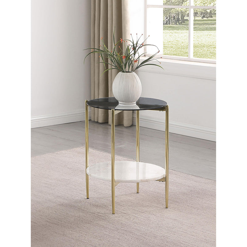 Coaster Furniture Jonelle 710337 Round Glass Top End Table White Marble Shelf - Gold IMAGE 2