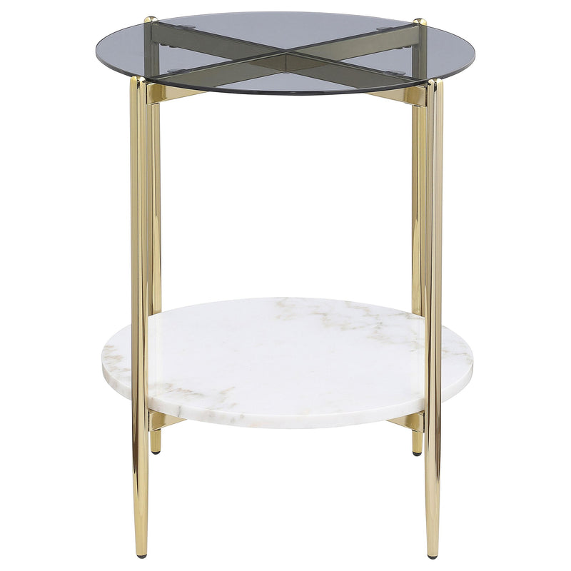 Coaster Furniture Jonelle 710337 Round Glass Top End Table White Marble Shelf - Gold IMAGE 3