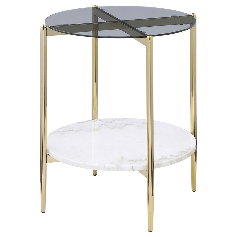 Coaster Furniture Jonelle 710337 Round Glass Top End Table White Marble Shelf - Gold IMAGE 4