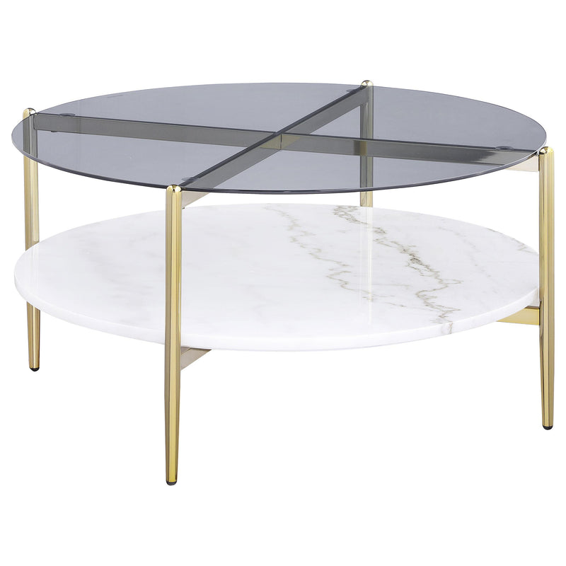 Coaster Furniture Jonelle 710338 Round Glass Top Coffee Table White Marble Shelf - Gold IMAGE 1