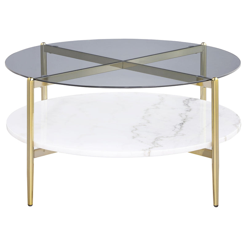 Coaster Furniture Jonelle 710338 Round Glass Top Coffee Table White Marble Shelf - Gold IMAGE 3