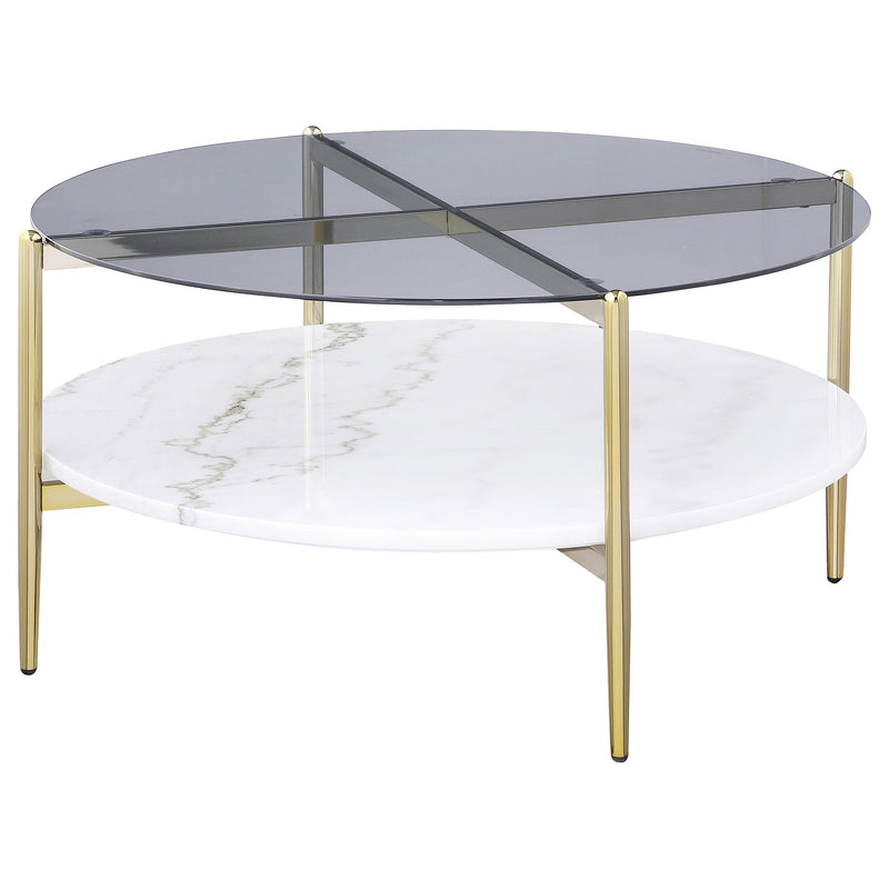 Coaster Furniture Jonelle 710338 Round Glass Top Coffee Table White Marble Shelf - Gold IMAGE 4