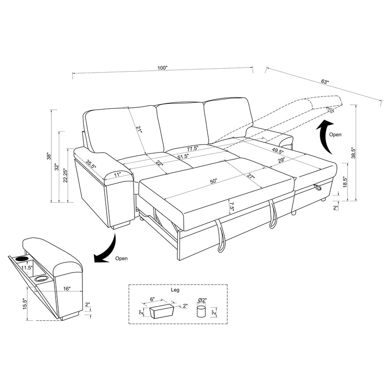  Coaster Furniture Demko 500356 Sleeper Sectional Sofa with Speaker and Storage Chaise - Brown IMAGE 16