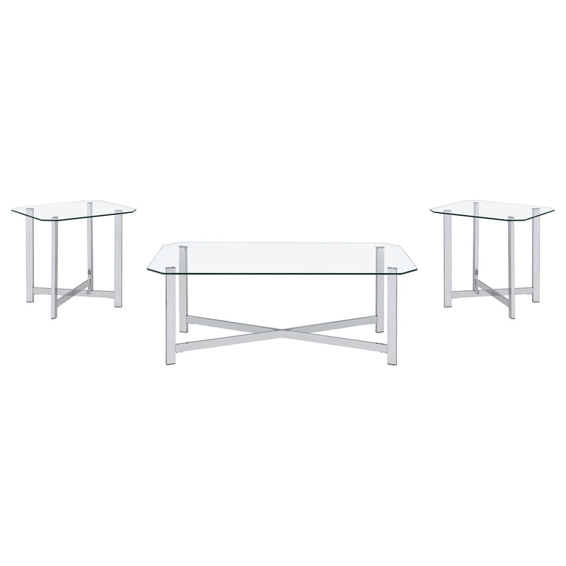  Coaster Furniture Cronin 706568-S3 3-piece Tempered Glass Top Coffee Table Set - Chrome IMAGE 1