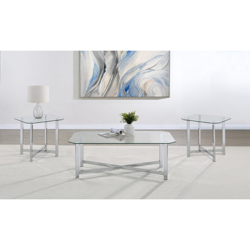  Coaster Furniture Cronin 706568-S3 3-piece Tempered Glass Top Coffee Table Set - Chrome IMAGE 2