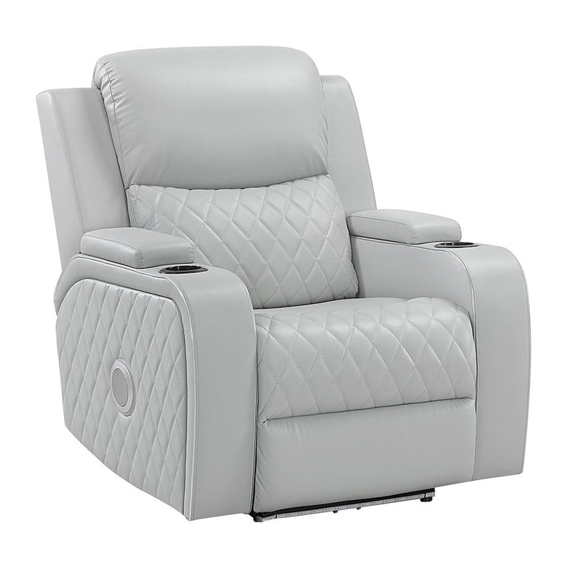 Elonzo - Power Motion Recliner With LED, Power Headrest & Speaker - Light Gray
