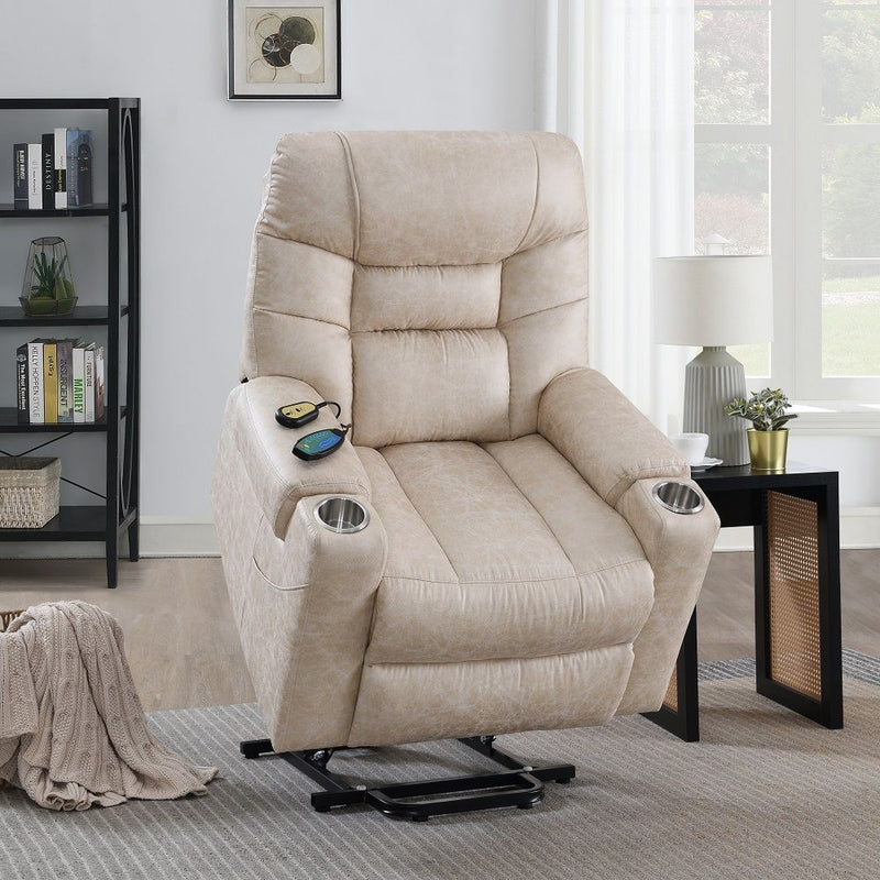 Nairi - Power Recliner With Lift, Heating & Massage - Ivory Polished Microfiber