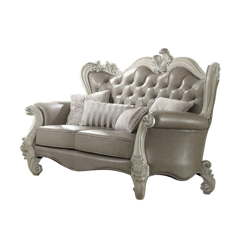 Versailles - Loveseat With 4 Pillows - Vintage Gray Synthetic Leather & Bone White